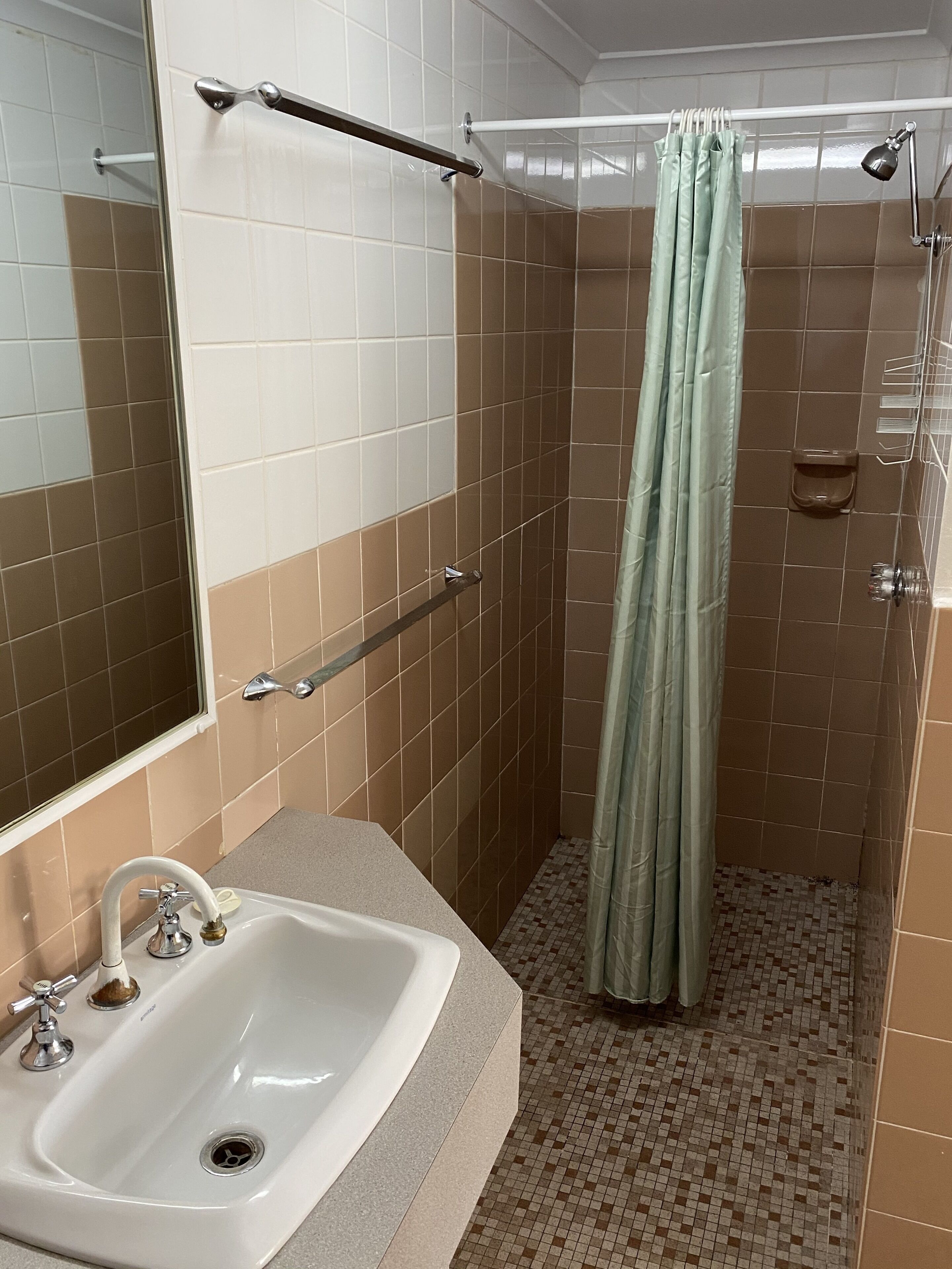 A bathroom with a sink, mirror, shower, and grab bars.