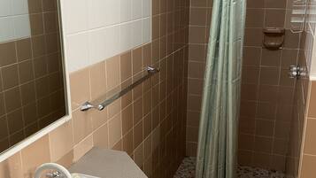 A bathroom with a sink, mirror, shower, and grab bars.