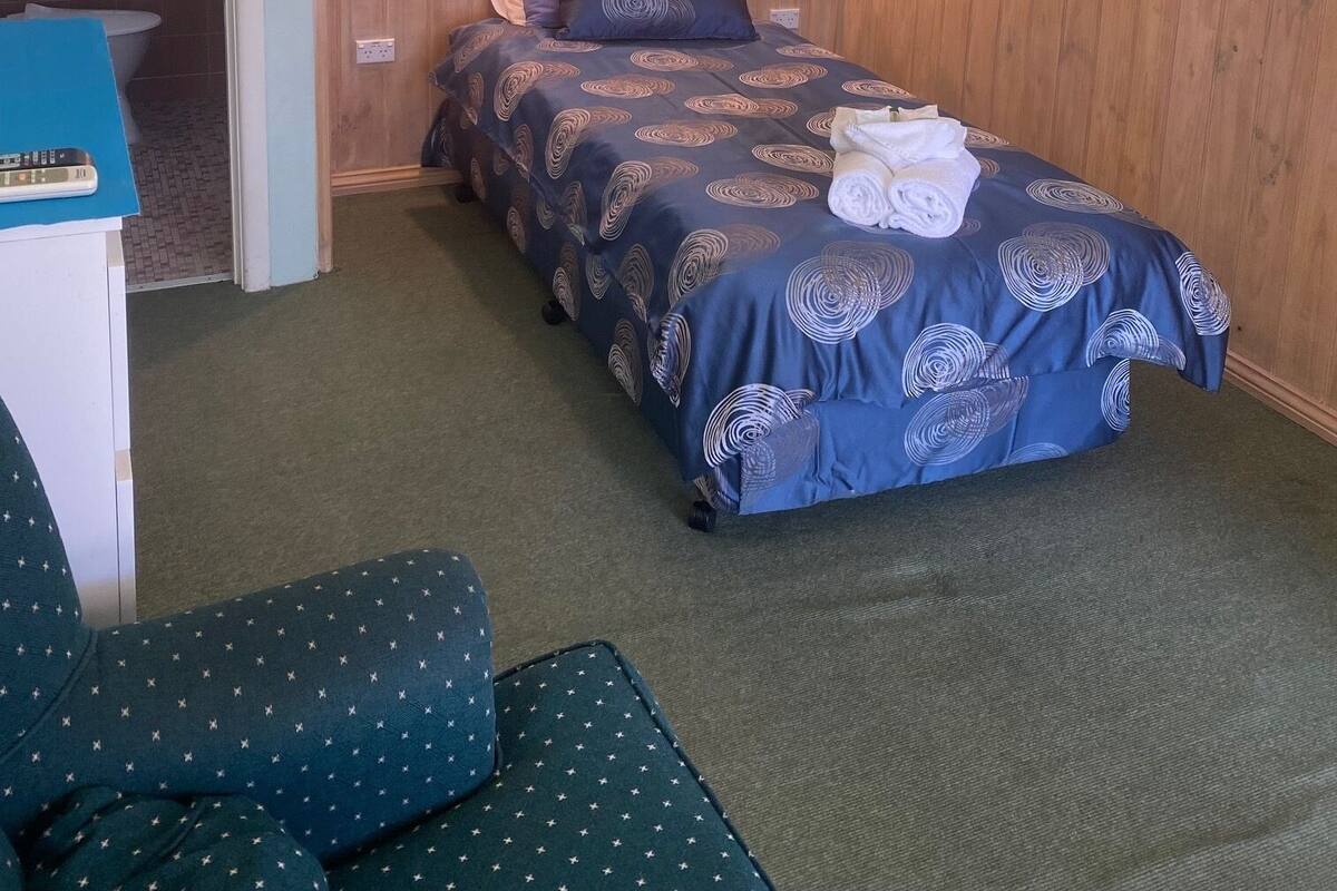 Une chambre individuelle avec un lit, un bureau et une chaise.