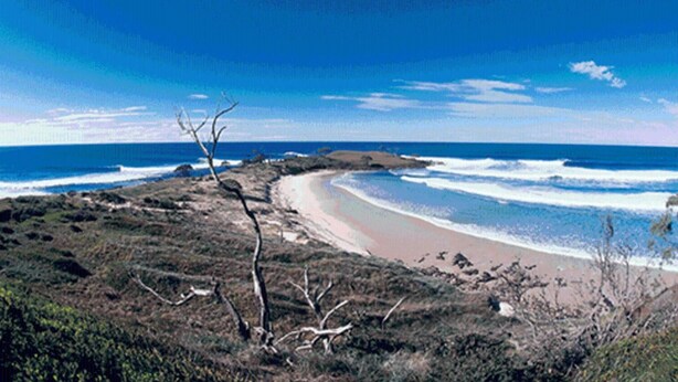 Un paisaje costero con playa, terreno rocoso y vegetación escasa.