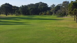 Un campo de golf con césped cuidado, árboles y un cielo despejado.