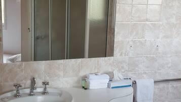 A bathroom with a large sink, a mirror, and a towel rack.