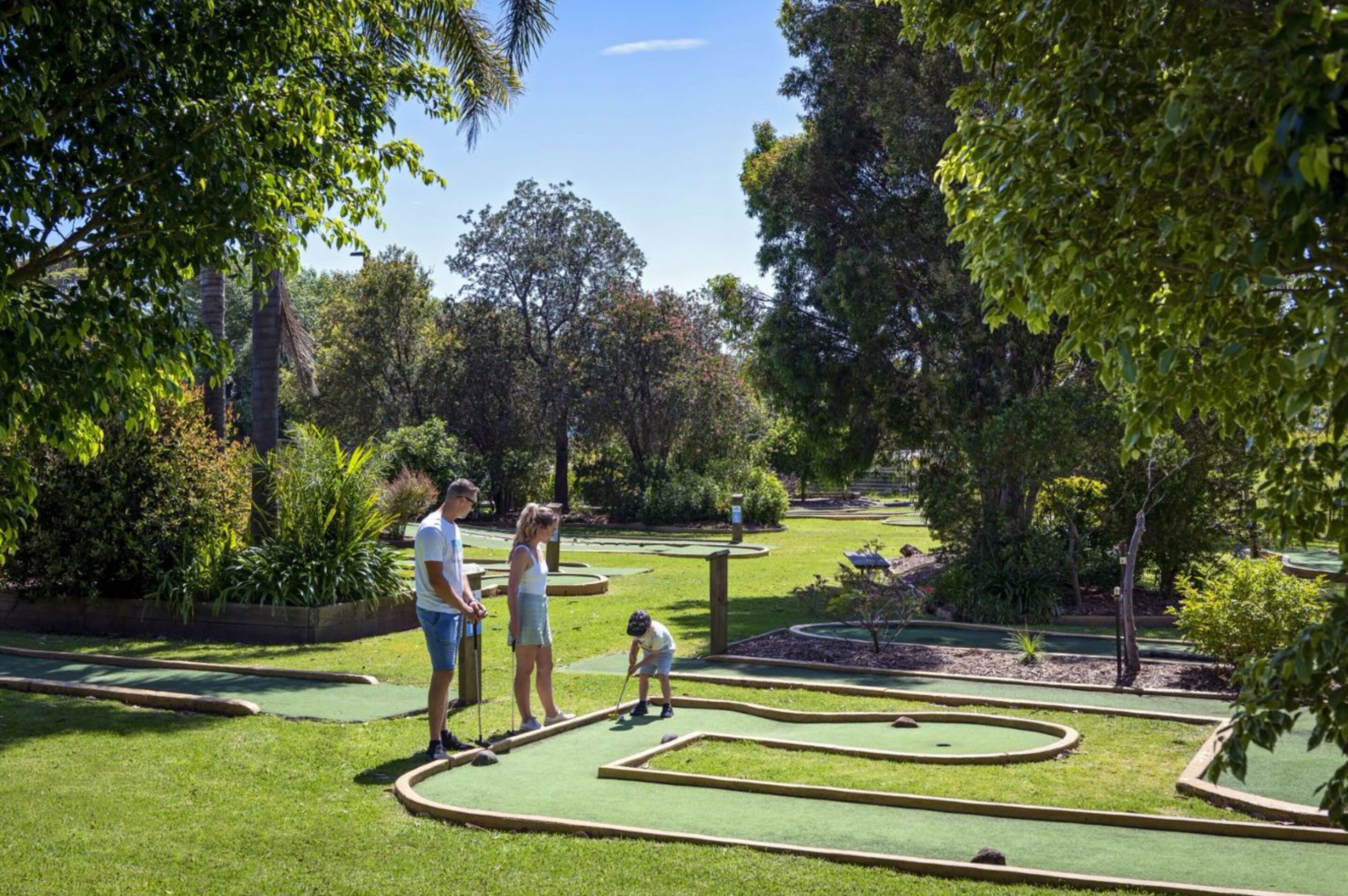 A miniature golf course with a green lawn, sand traps, and a few trees.