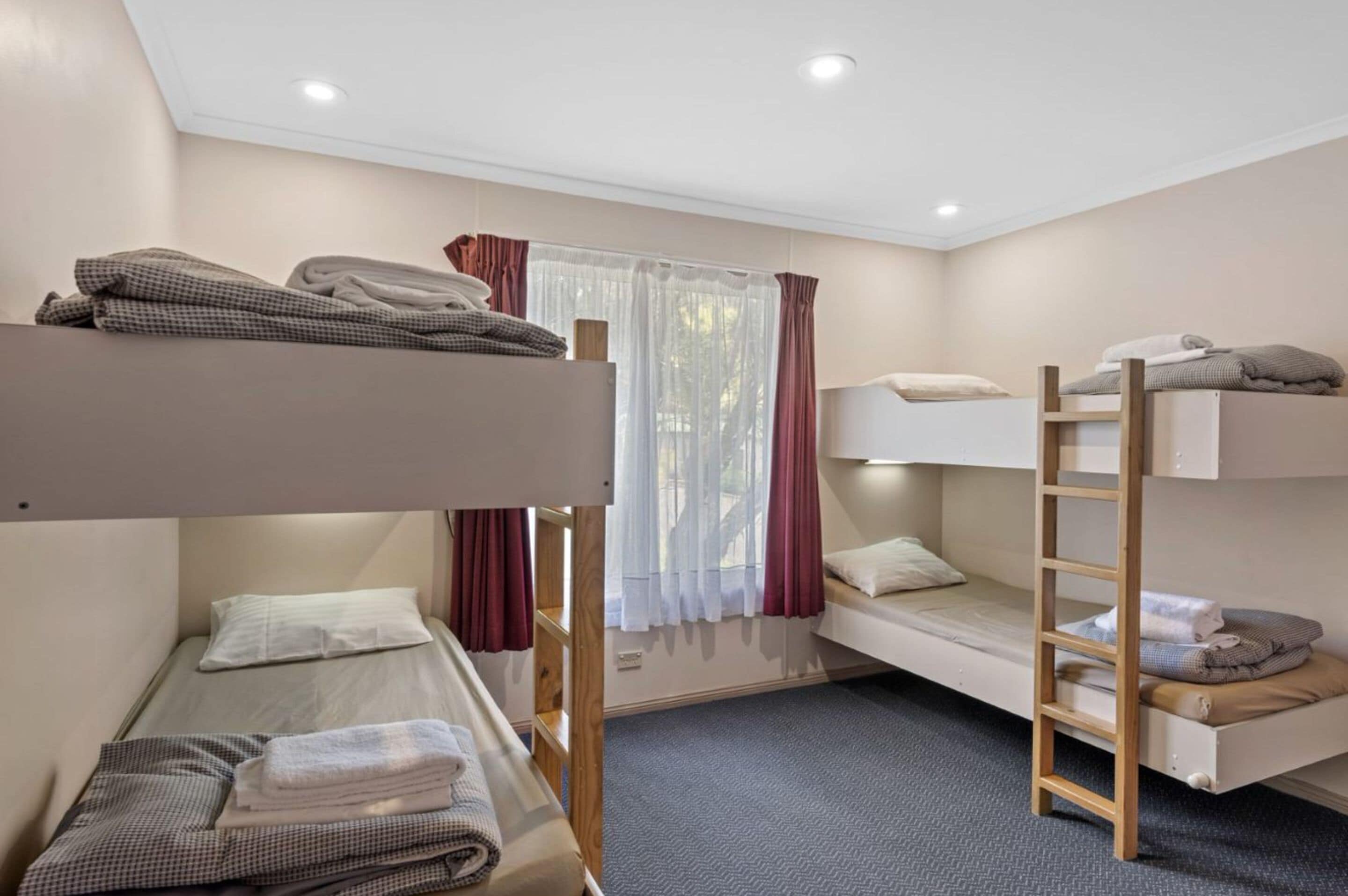 A dormitory room with bunk beds, a window with curtains, and a carpeted floor.