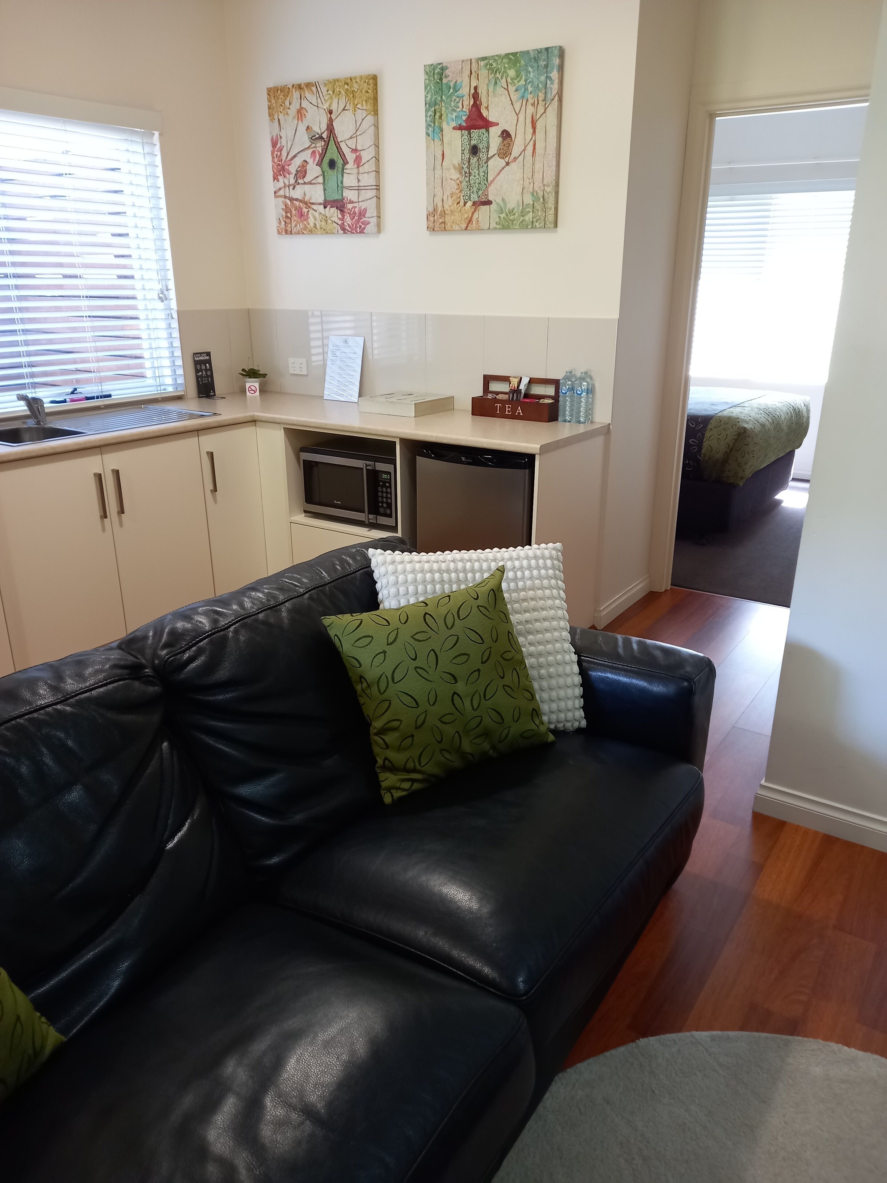 A modern living room with a black leather sofa, a small kitchen area with a microwave and dishwasher, and two wall-mounted paintings.