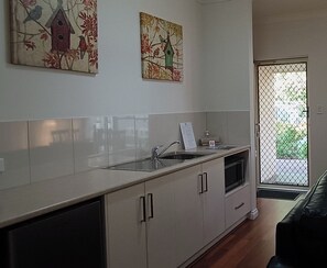 Fridge, microwave, coffee/tea maker, electric kettle