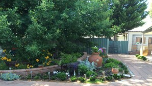Un jardín bien cuidado con diversas plantas, una maceta decorativa grande y una estatua.