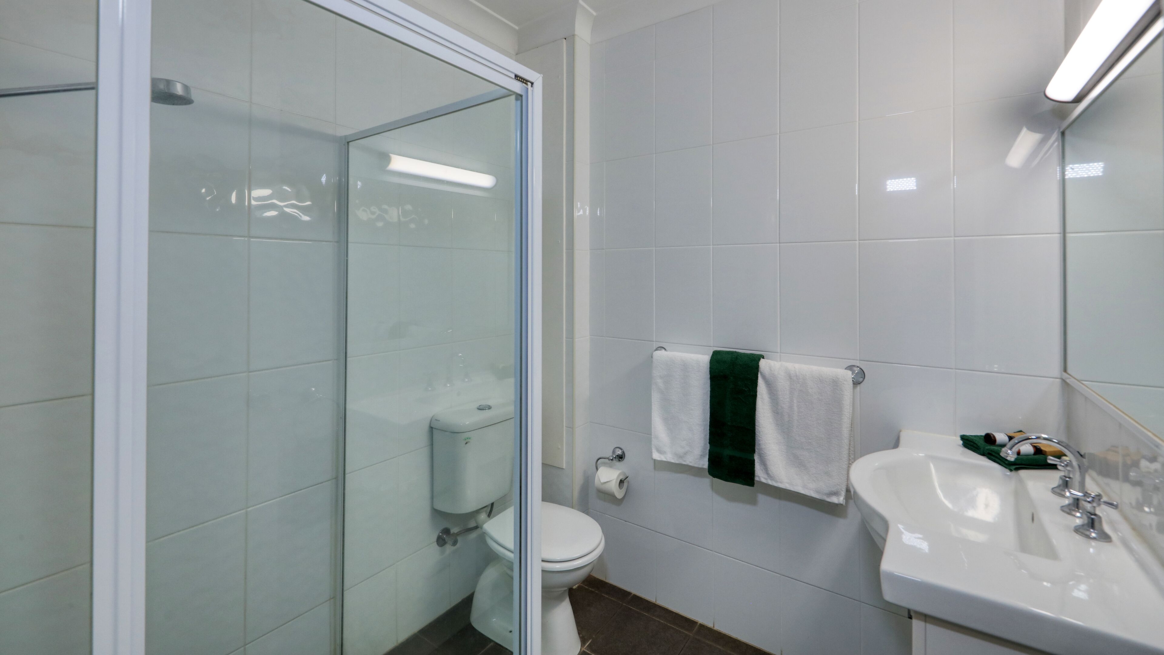 Une salle de bain avec une douche à parois de verre, des toilettes, un lavabo et un porte-serviettes avec deux serviettes.