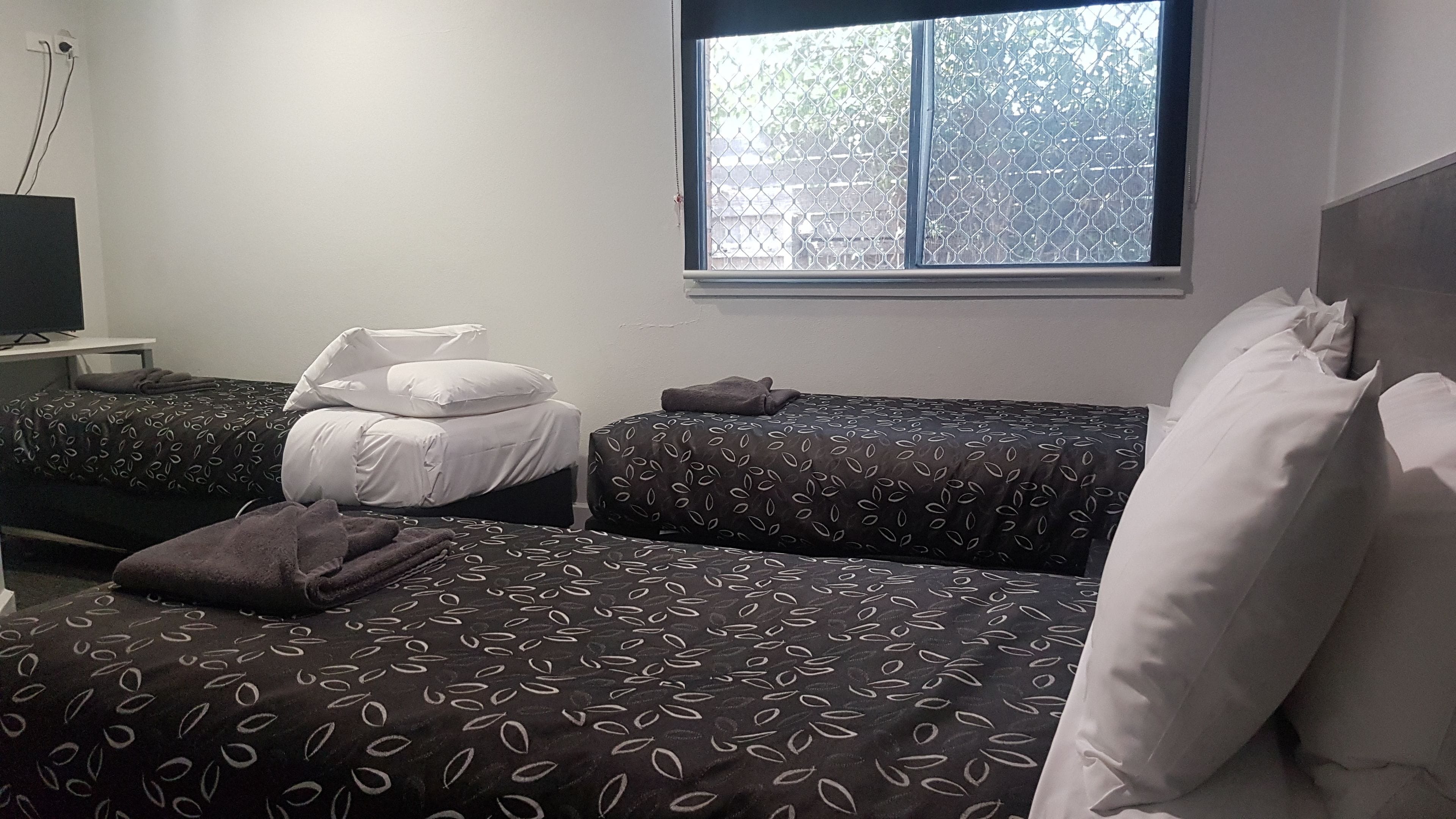 A room with two beds, one with a patterned bedspread and the other with plain bedding. There is a window with a view of trees, and a TV on a stand to the left.