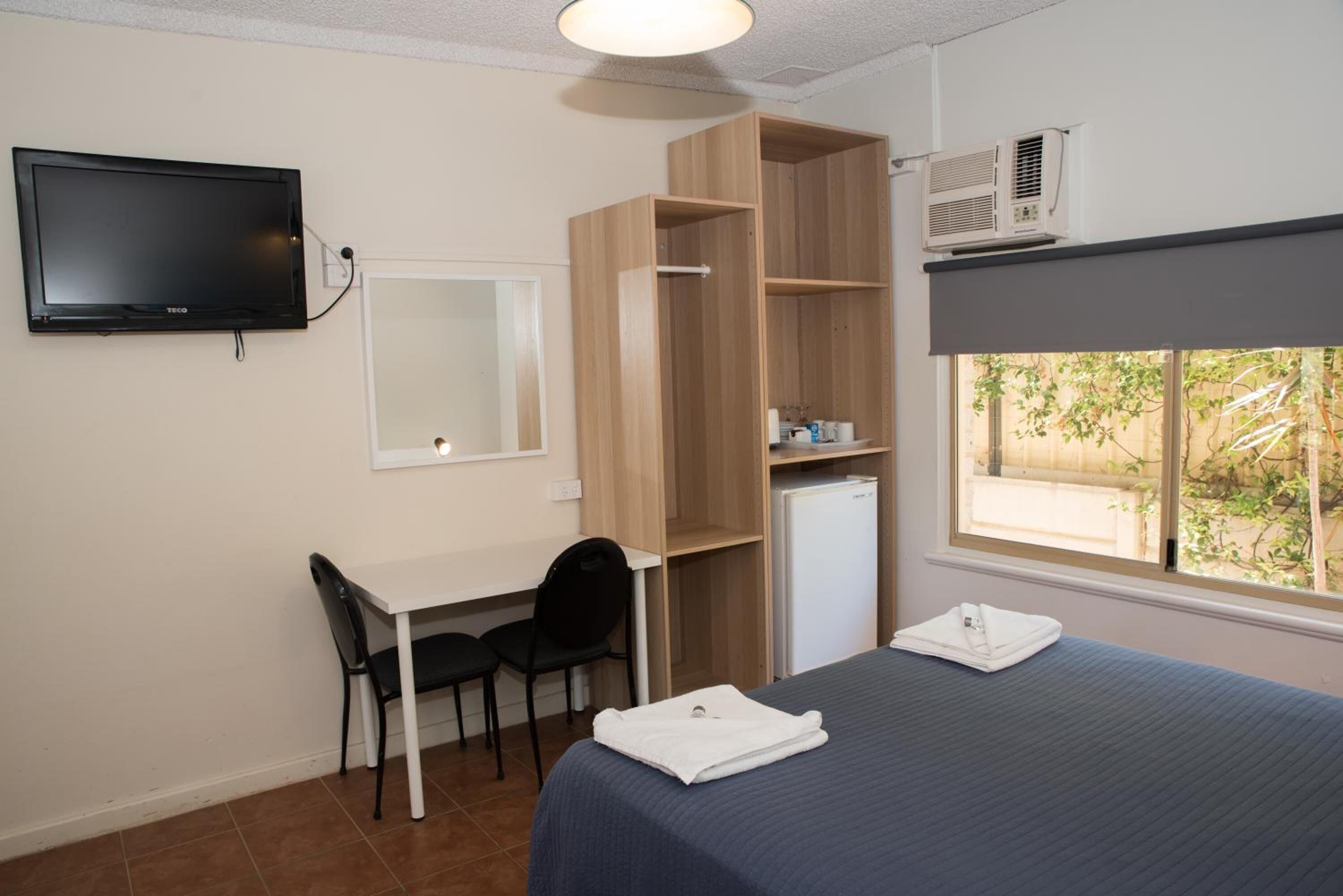 A hotel room with a bed, a desk with a chair, a television, a wardrobe, a mini-fridge, and a window with a view of greenery.