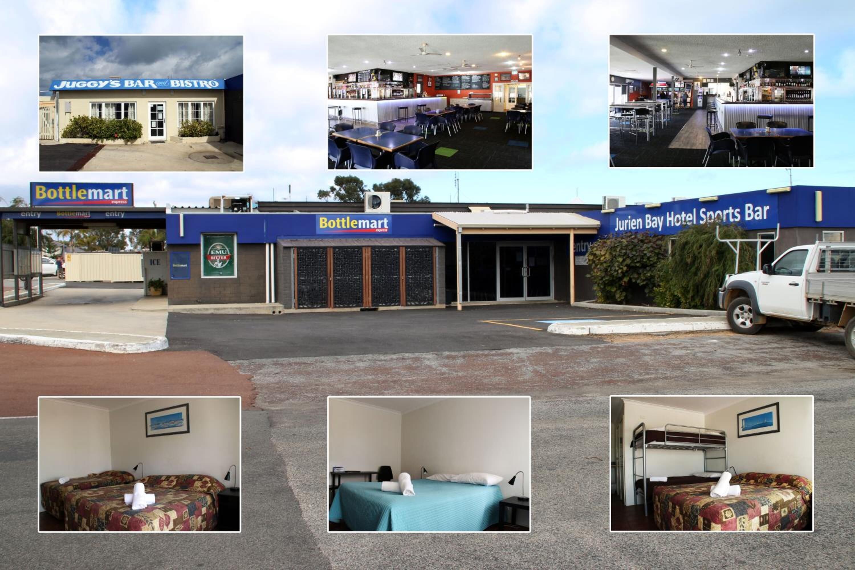 A hotel with a sports bar, a convenience store, and a parking lot.