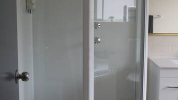 Un baño con ducha separada por vidrio, un lavamanos blanco y un inodoro.