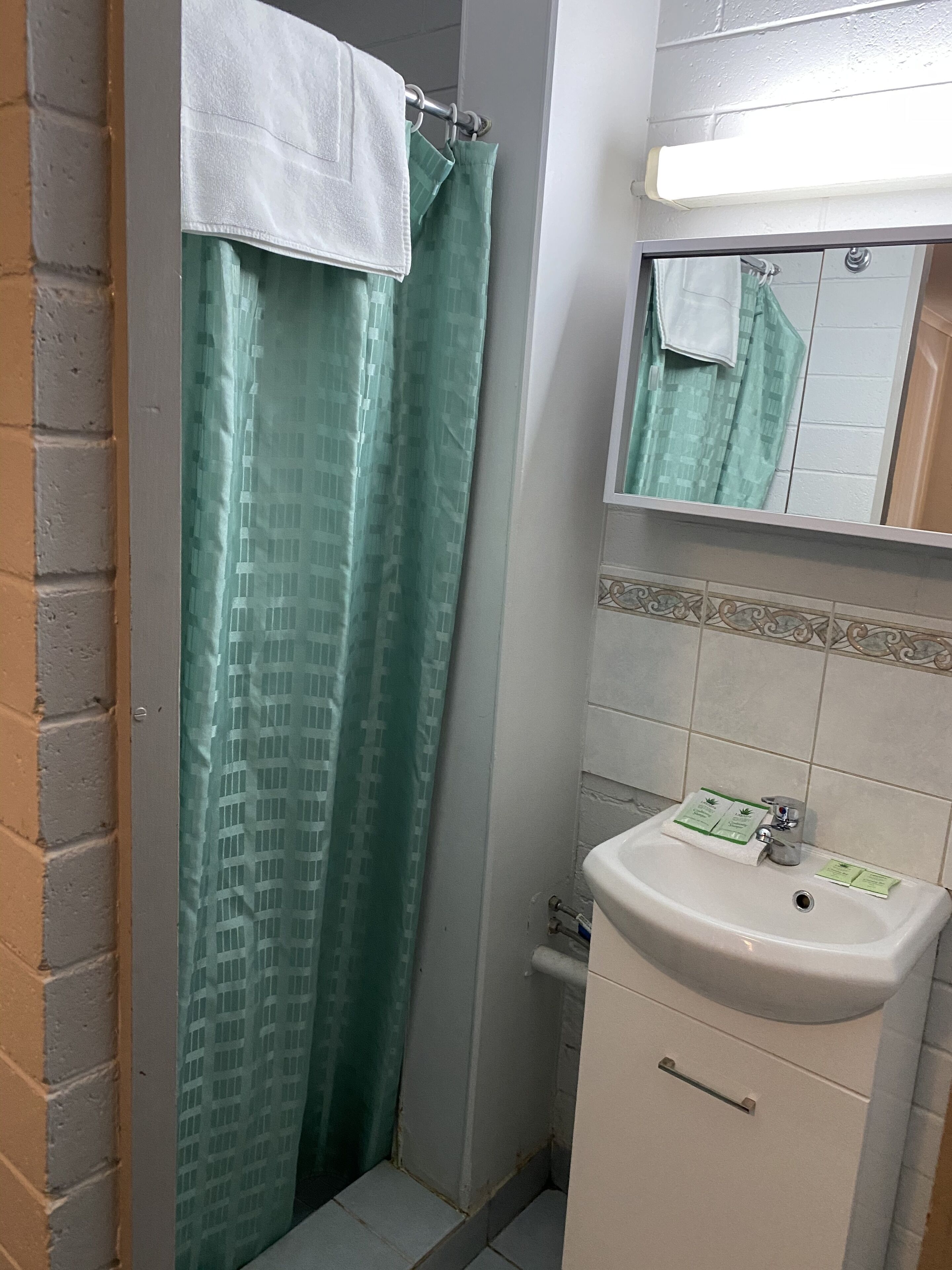 Ein Badezimmer mit einem grünen Duschvorhang, einem weißen Waschbecken und einem Spiegel darüber.