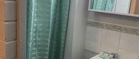 A bathroom with a green shower curtain, a white sink, and a mirror above it.