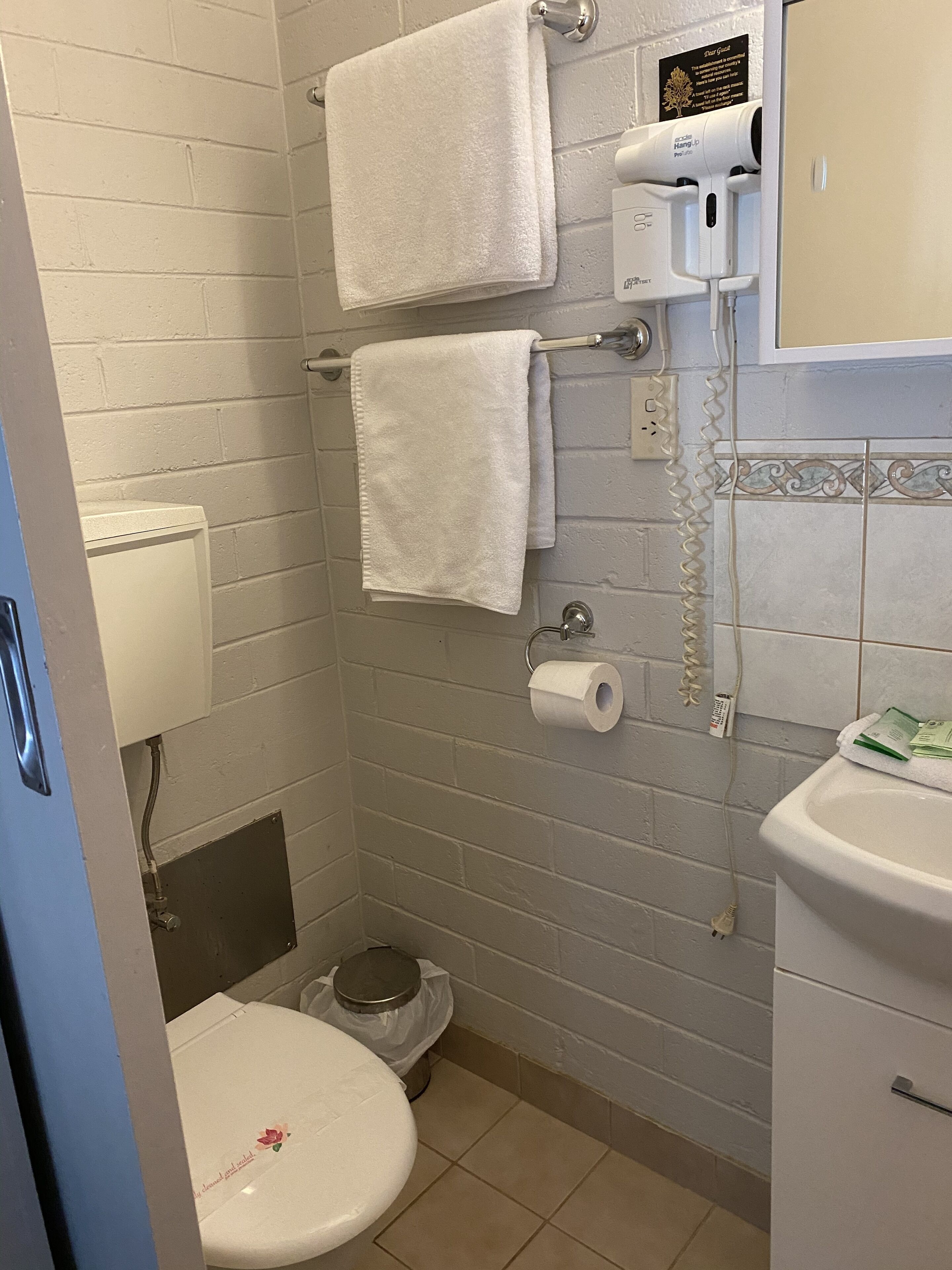 A bathroom with a toilet, two towels, a hairdryer, and a toilet paper holder.
