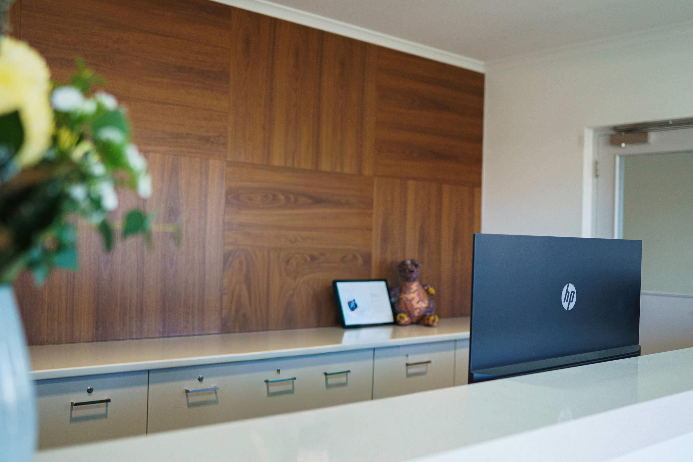 A wooden wall, a laptop, a small figurine, and a door.