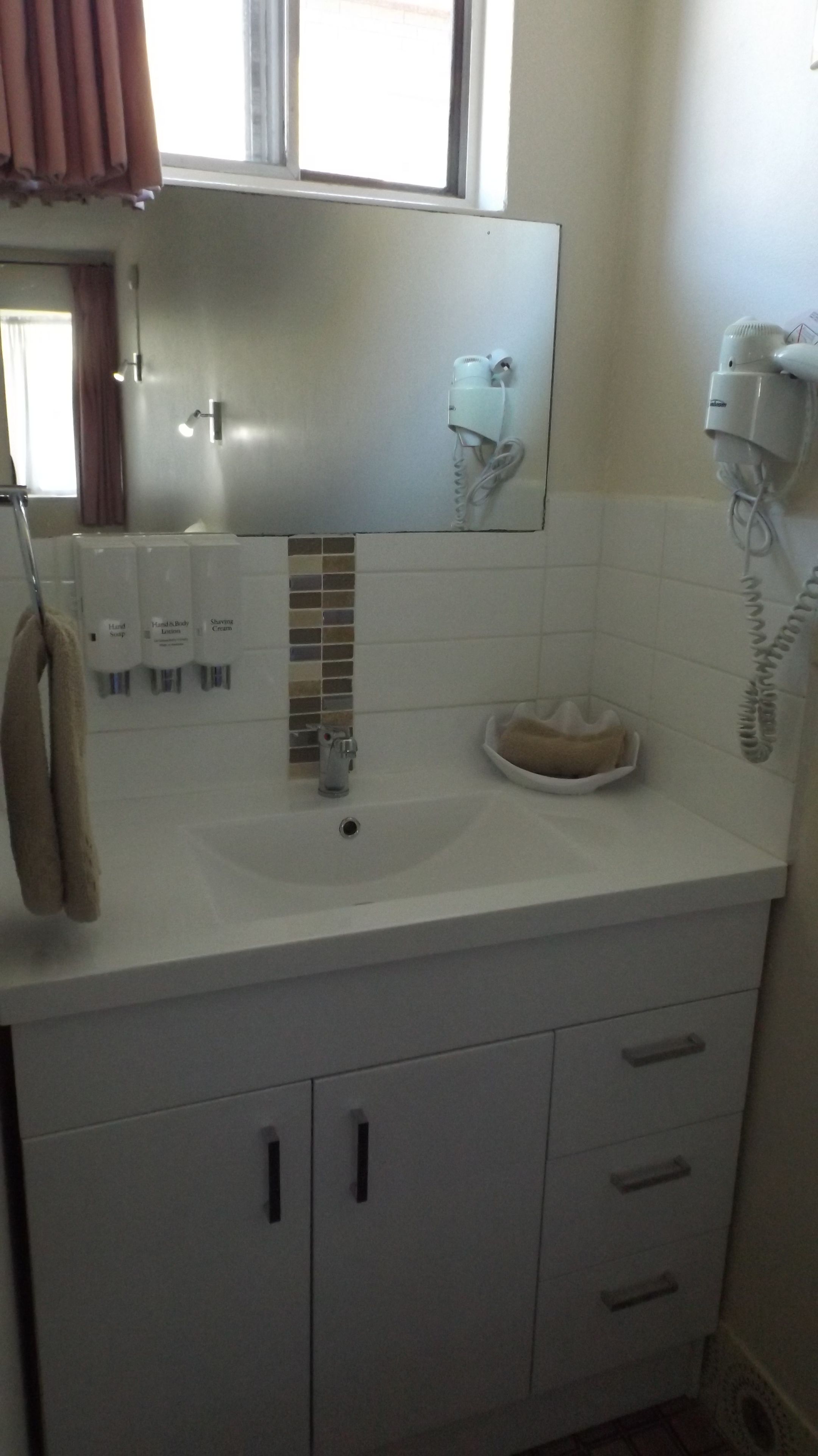 A bathroom with a white sink, a mirror, a towel rack, a hairdryer, and a soap dispenser.