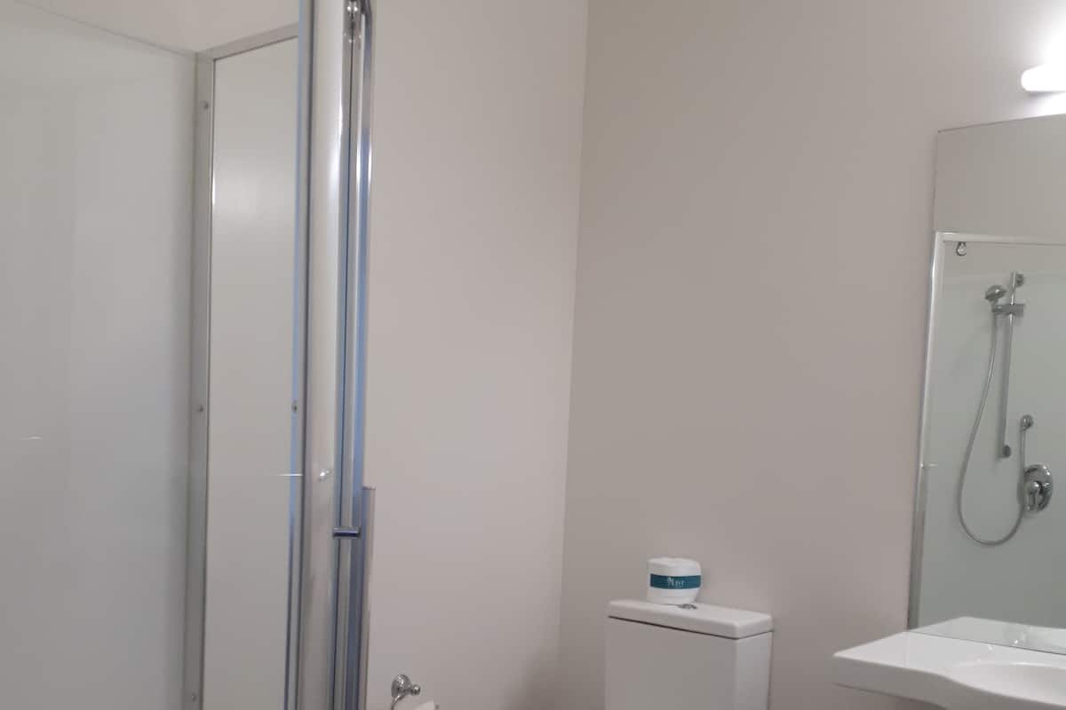 Shower, free toiletries, hair dryer, towels