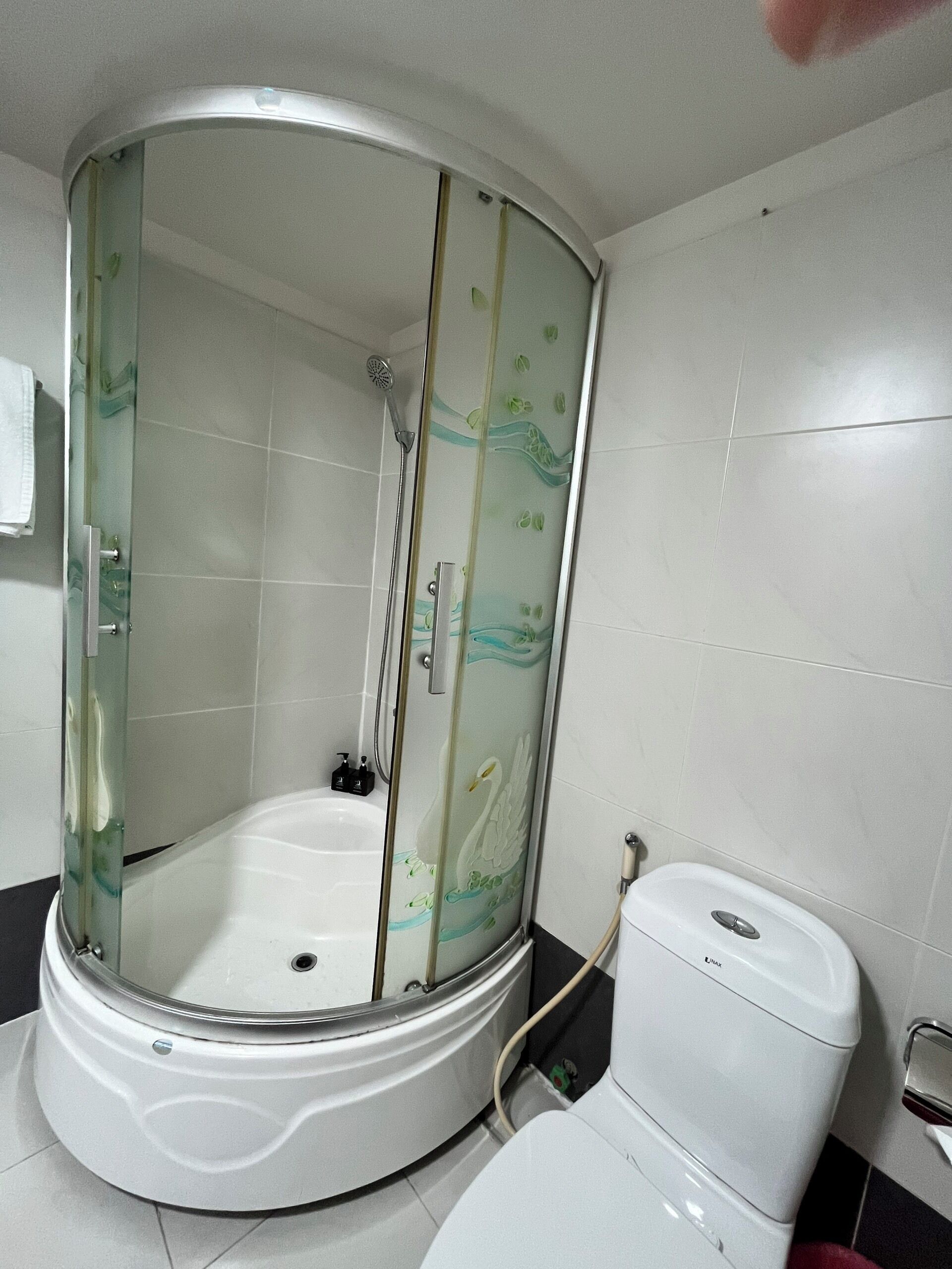 A corner shower with a glass door, a bathtub, and a toilet.