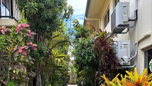 A pathway lined with lush tropical plants, leading to a building with air conditioning units mounted on the exterior wall. - Mission Reef Resort (Wongaling Beach)