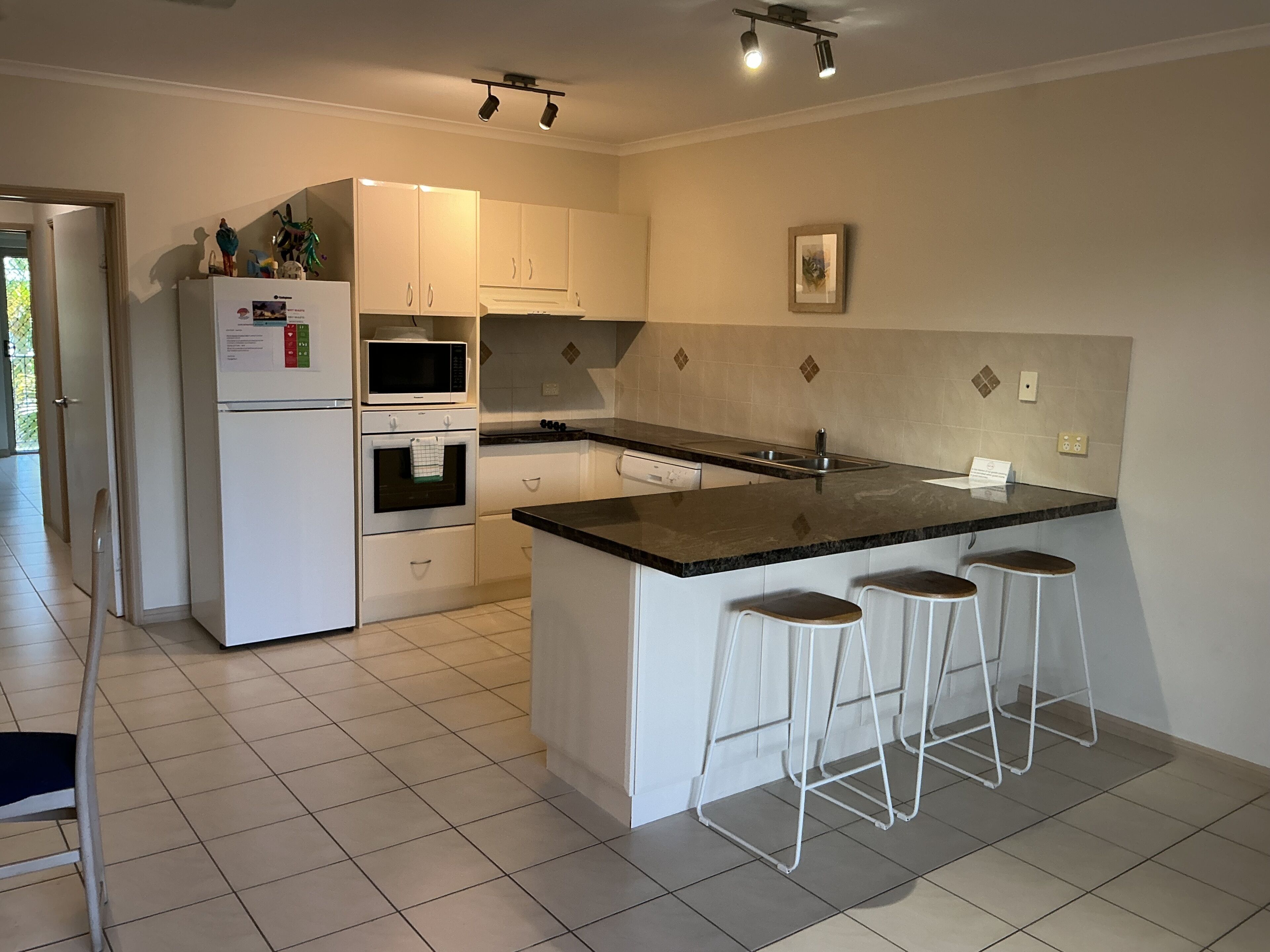 Fridge, microwave, electric kettle, toaster