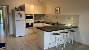 Fridge, microwave, electric kettle, toaster