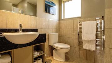 A bathroom with a sink, toilet, and towel rack.