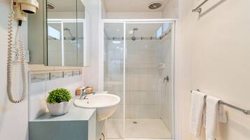 Un baño moderno con ducha de vidrio, un lavamanos blanco y una planta en maceta sobre el mostrador.