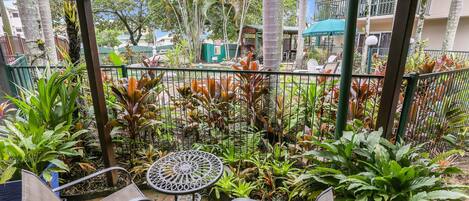Un espacio de estar al aire libre cubierto con sillas y una mesa, rodeado de plantas diversas y una vista de un edificio al fondo.