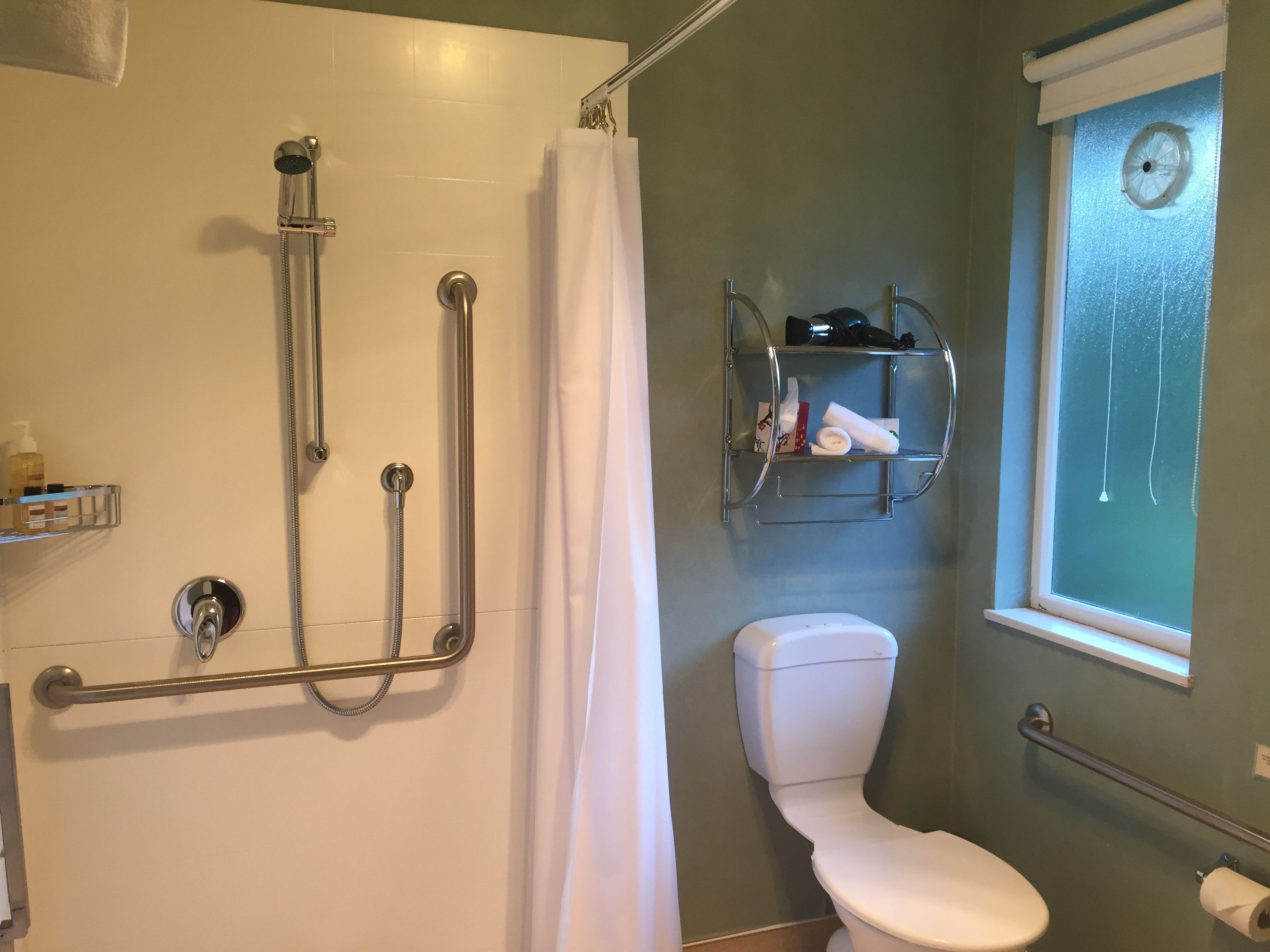 A bathroom with a shower, toilet, and a window.