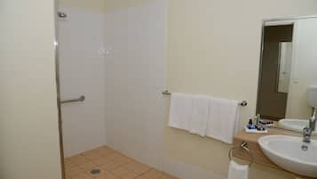 A bathroom with a shower, a sink, and a mirror.