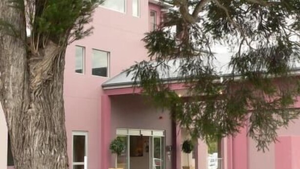 En lyserød bygning med et stort træ foran.