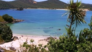 A coastal landscape with a beach, clear water, and green hills in the background. - Whatuwhiwhi TOP 10 Holiday Park (Karkari Peninsula)