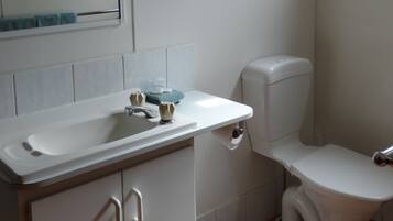 A bathroom with a white sink, toilet, and mirror.