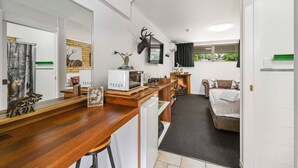 A compact living space with a kitchenette, a fireplace, a bed, and a mirror.