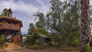 A wooden gazebo with a sloped roof, surrounded by trees and a small pool. - Barkala Farmstay (Dandry)