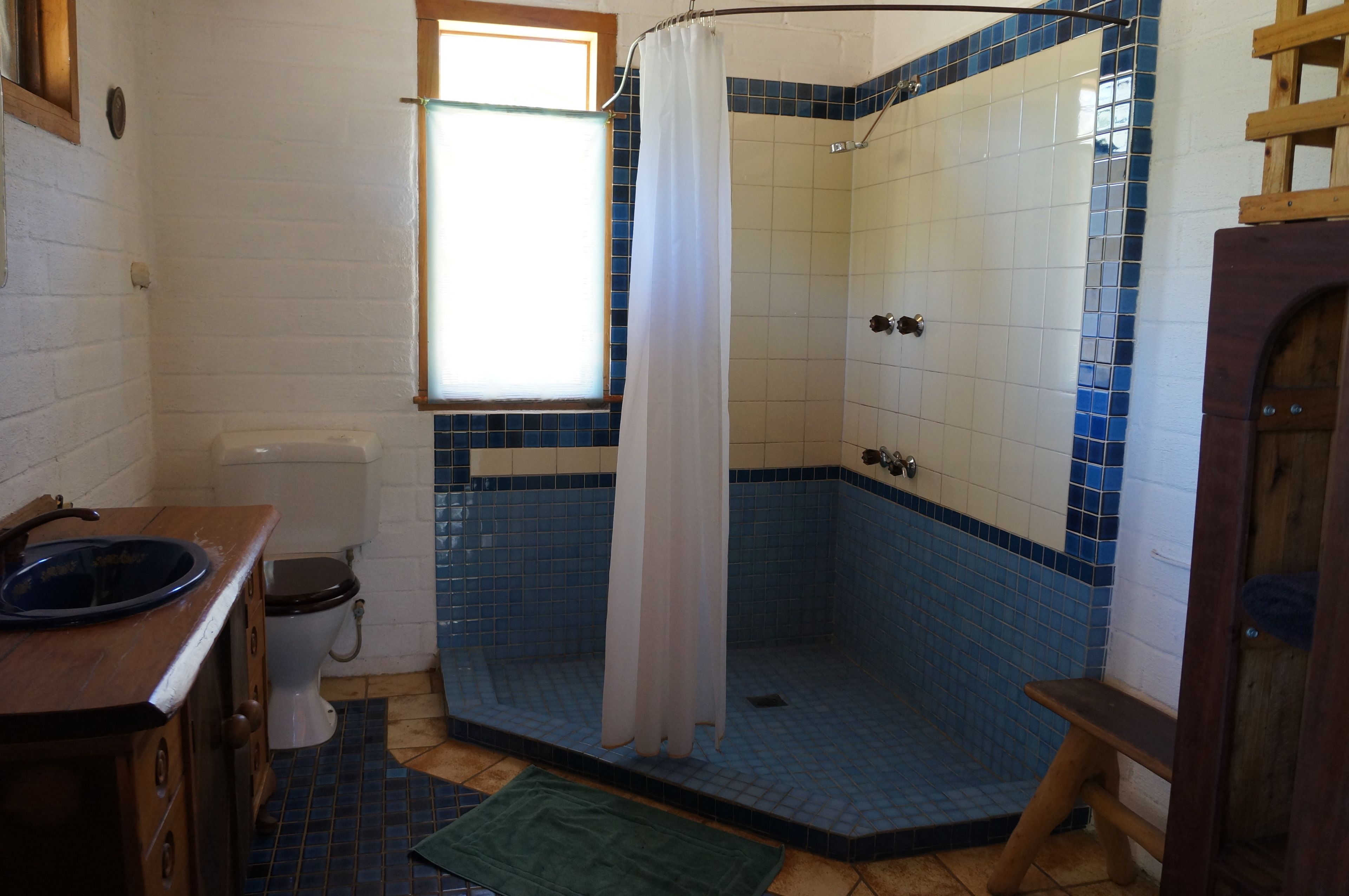 Une salle de bain avec douche, toilettes et lavabo.