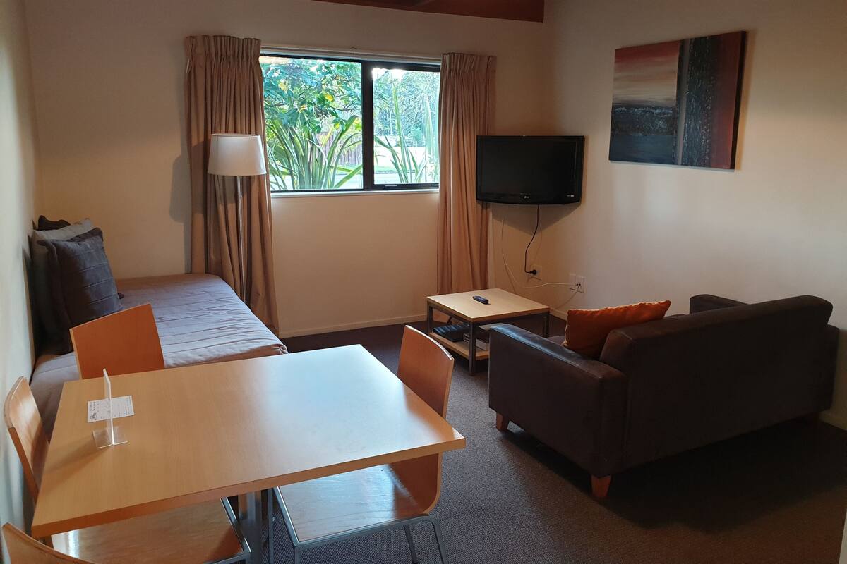 Una habitación pequeña y acogedora con una cama, un sofá, una mesa y un televisor.
