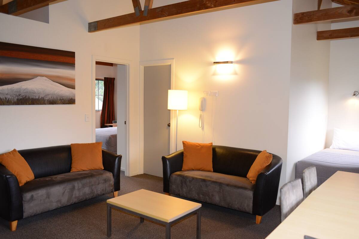 Una habitación con dos sofás, una mesa y una cama. Hay un cuadro en la pared y una lámpara también.