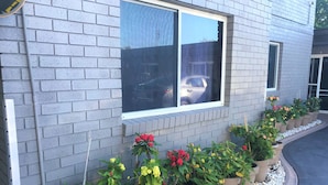 A building with a brick facade, a large window, and a row of potted plants along the ground. - Toukley Motor Inn (Toukley)