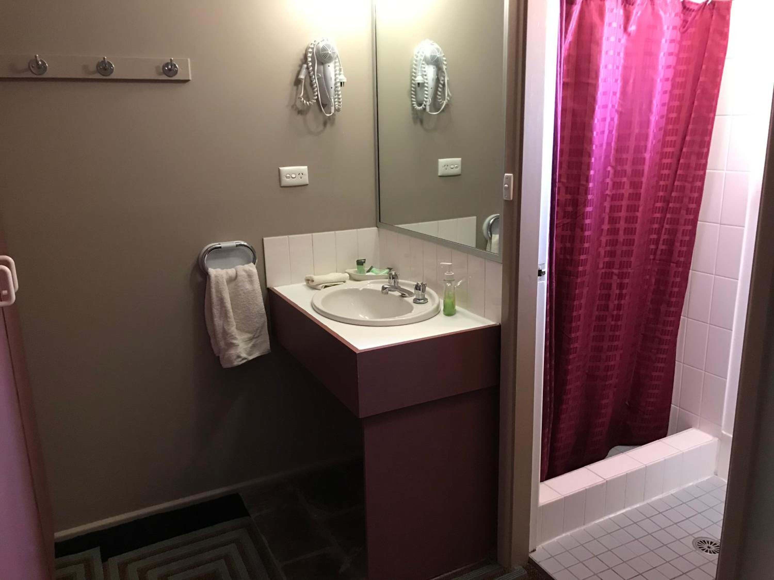 A bathroom with a sink, mirror, towel rack, and shower curtain.