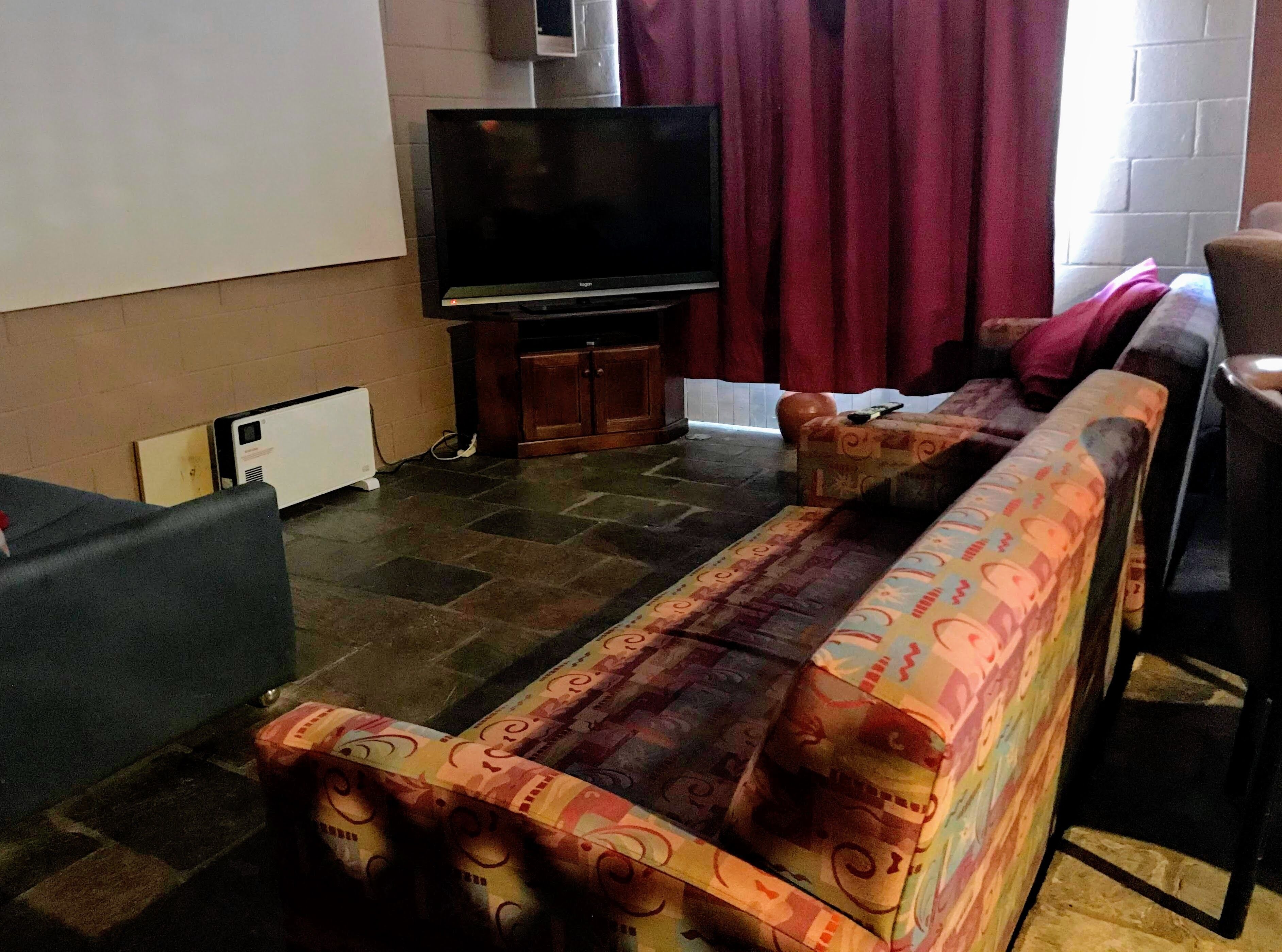 Un salon avec un canapé, un téléviseur et un tapis à motifs.