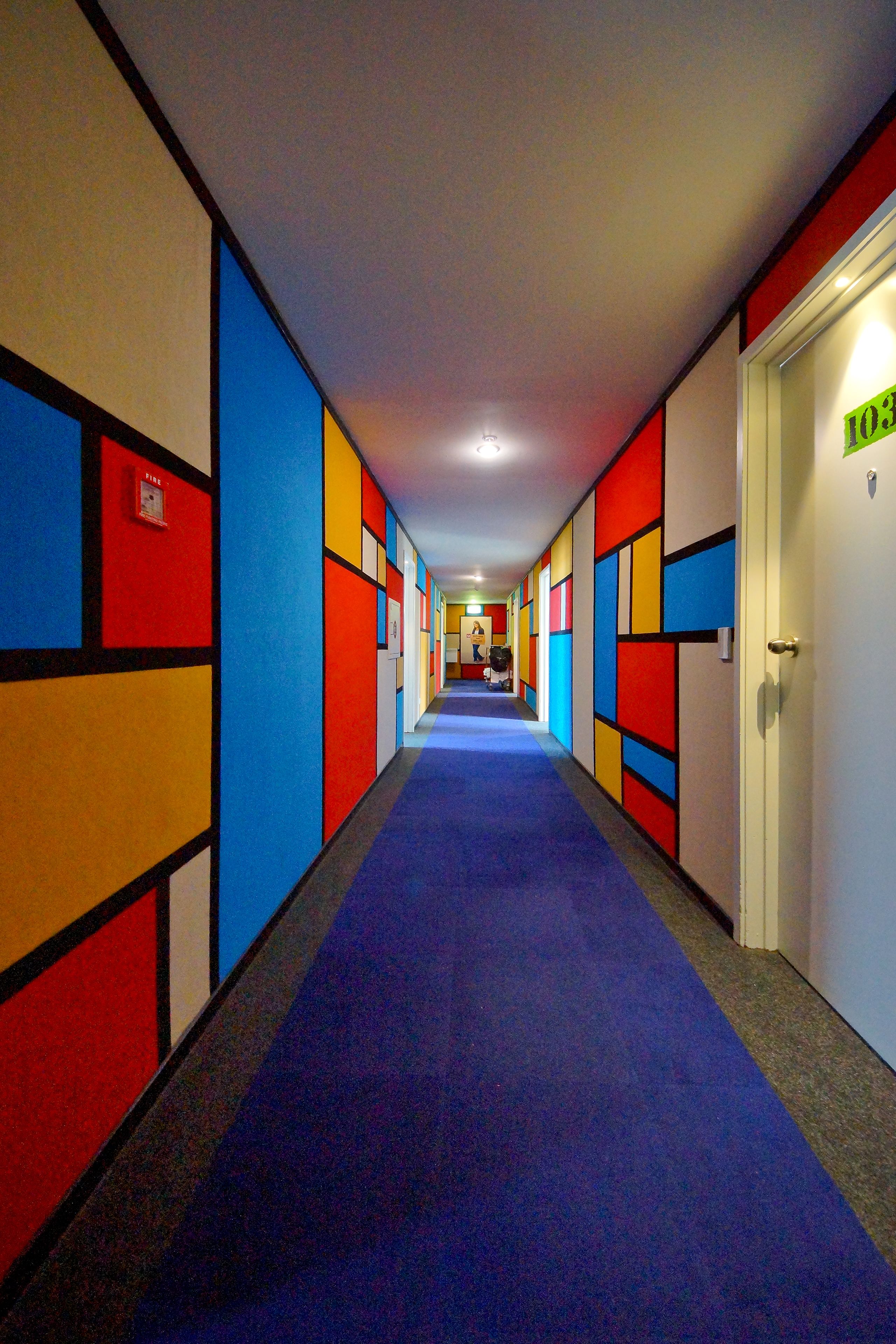 A hotel corridor with colorful walls and a blue carpet.