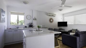 Una televisión de pantalla plana, un reproductor de DVD