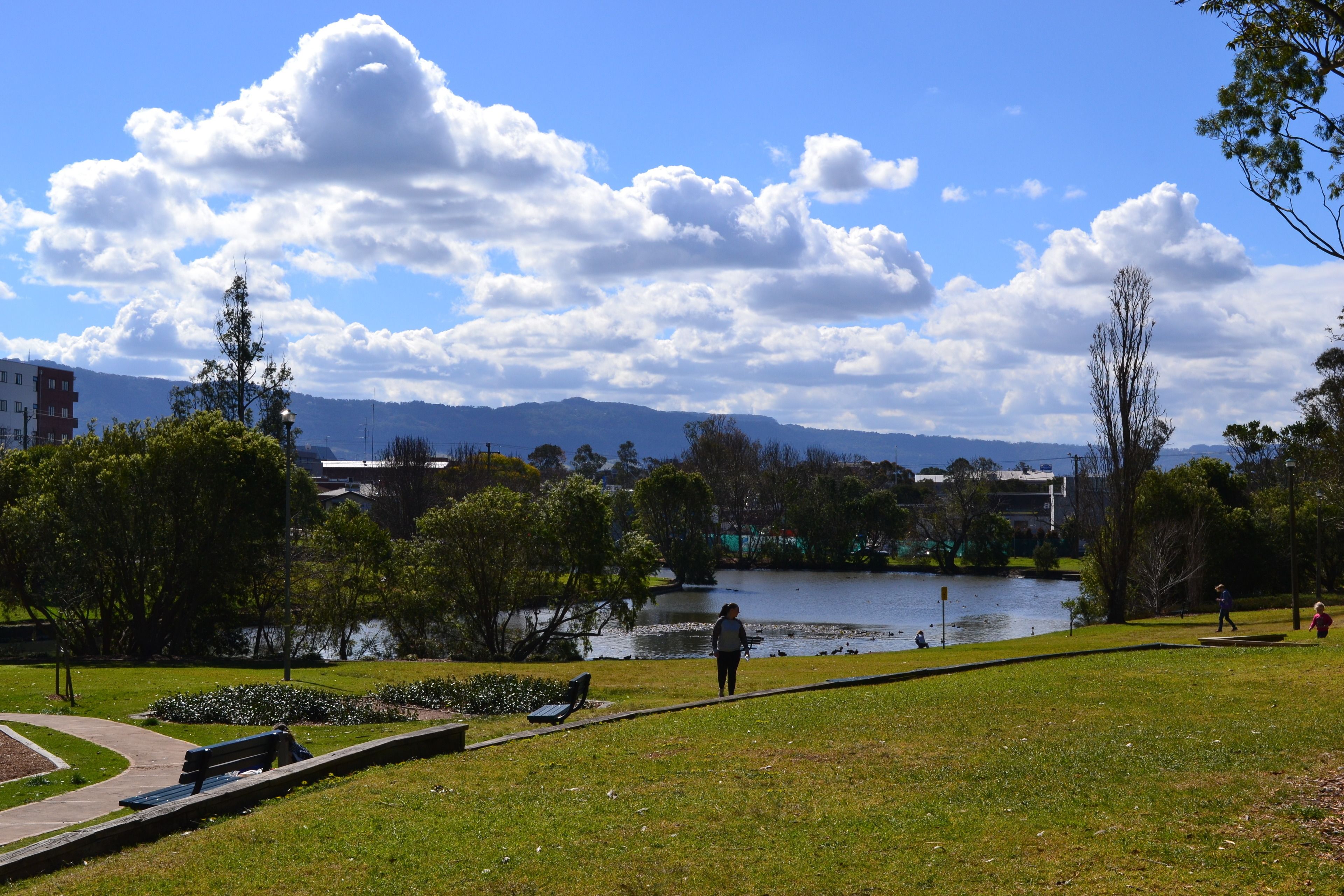 Un parc avec un lac, des bancs et des gens qui se promènent.