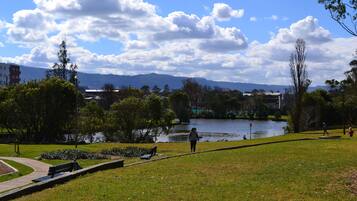 A park with a lake, benches, and people walking.