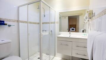 Hair dryer, towels, soap, shampoo