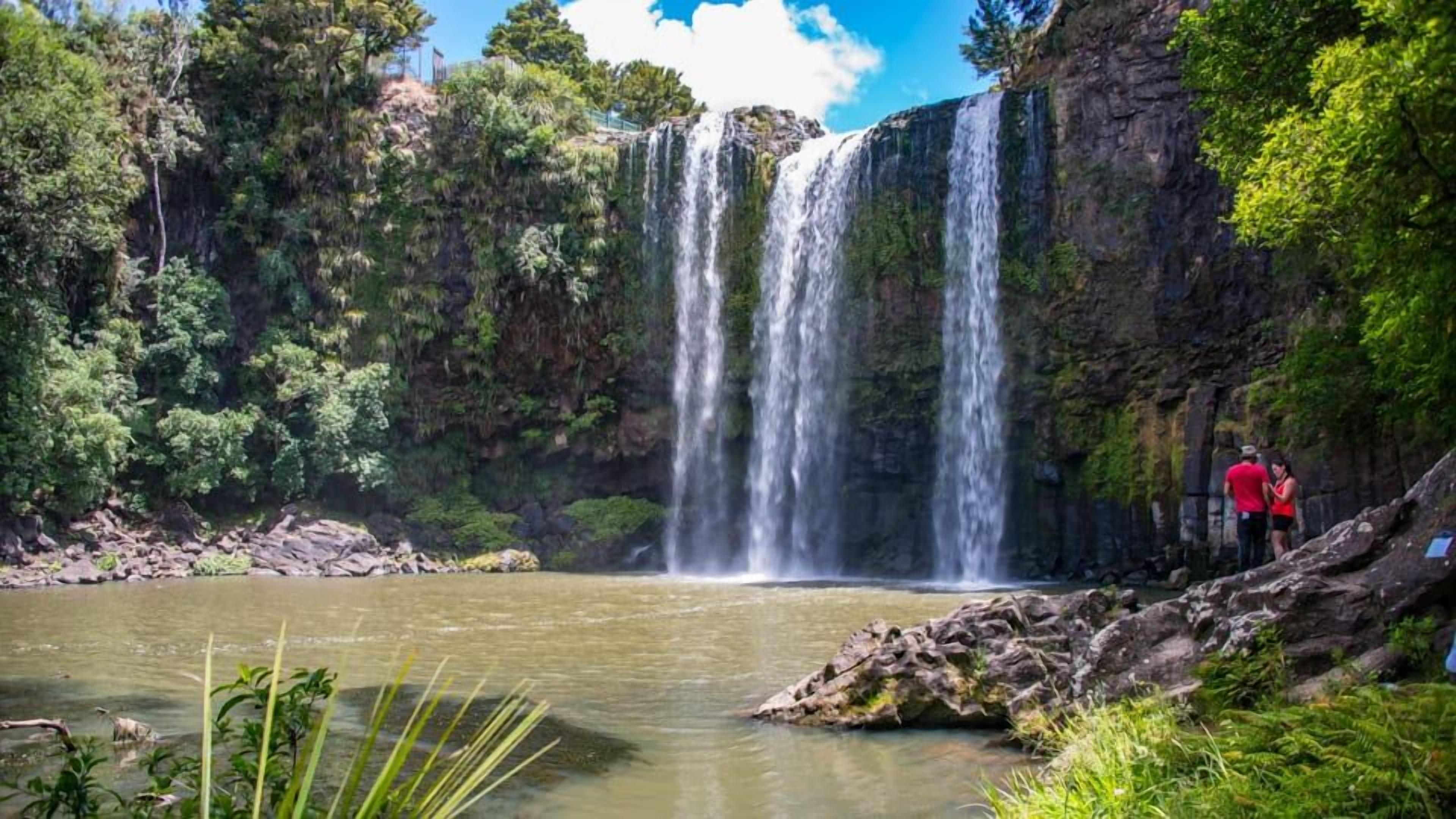 A waterfall with a rocky cliff and lush greenery.