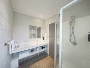 Shower, free toiletries, hair dryer, towels