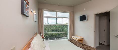 A bedroom with a large window, a bed, a TV, and a door.